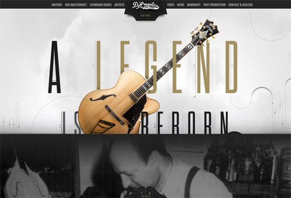 D'Angelico Guitars uses parallax scrolling to support its narrative site structure.