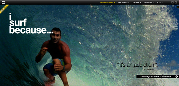 Website 'i surf because...' uses an eye-catching surfer video background.