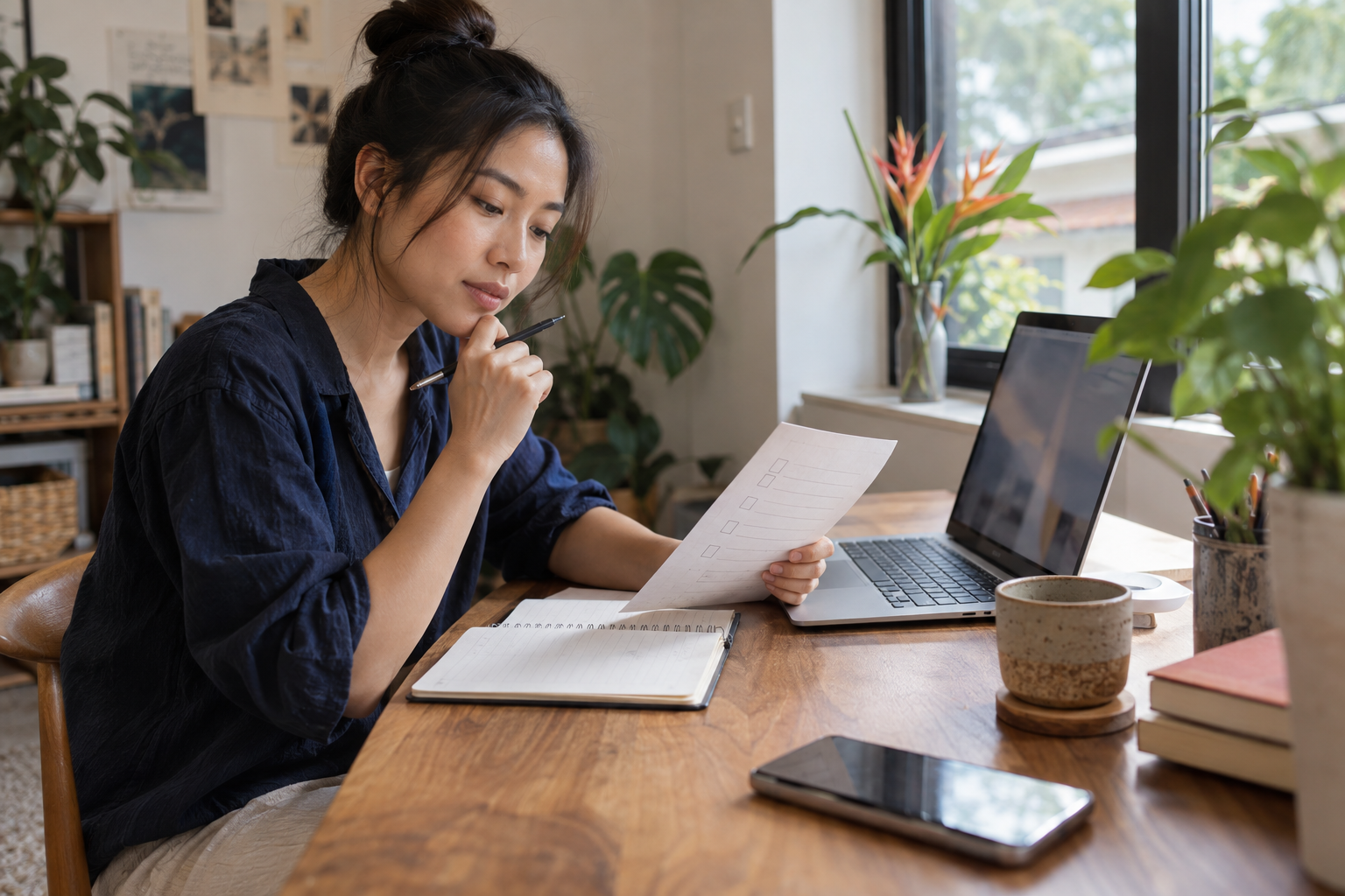 Người Việt lập checklist tại bàn làm việc trong căn phòng có cây xanh