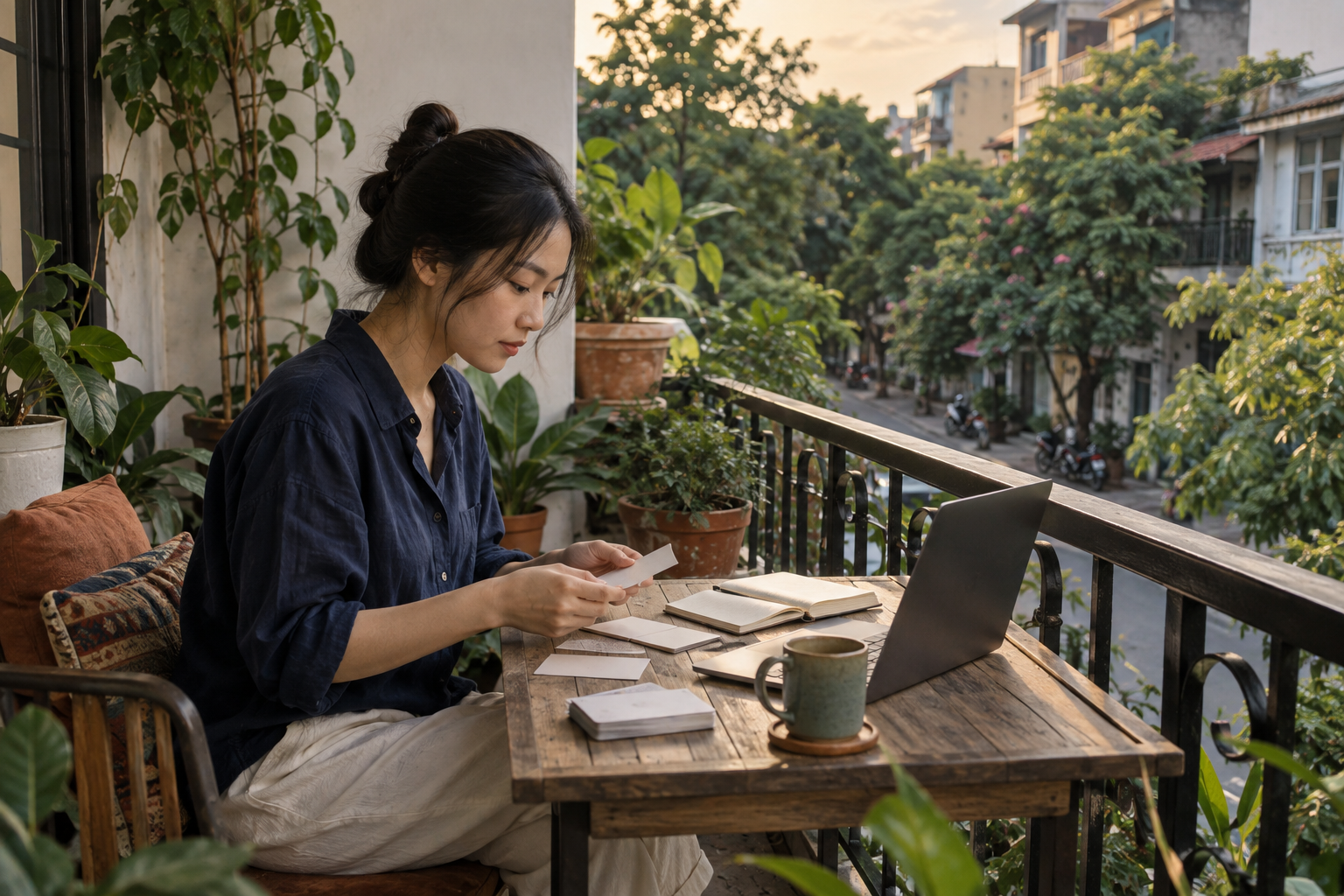 Người Việt làm việc trên ban công với thẻ trống