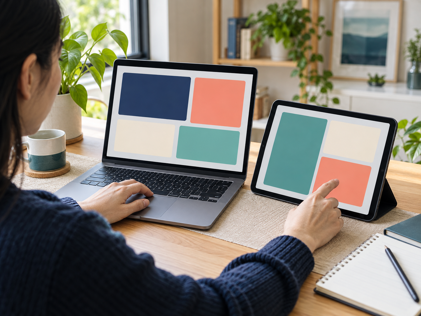 Người dùng so sánh hai giao diện màu trừu tượng trên laptop và máy tính bảng