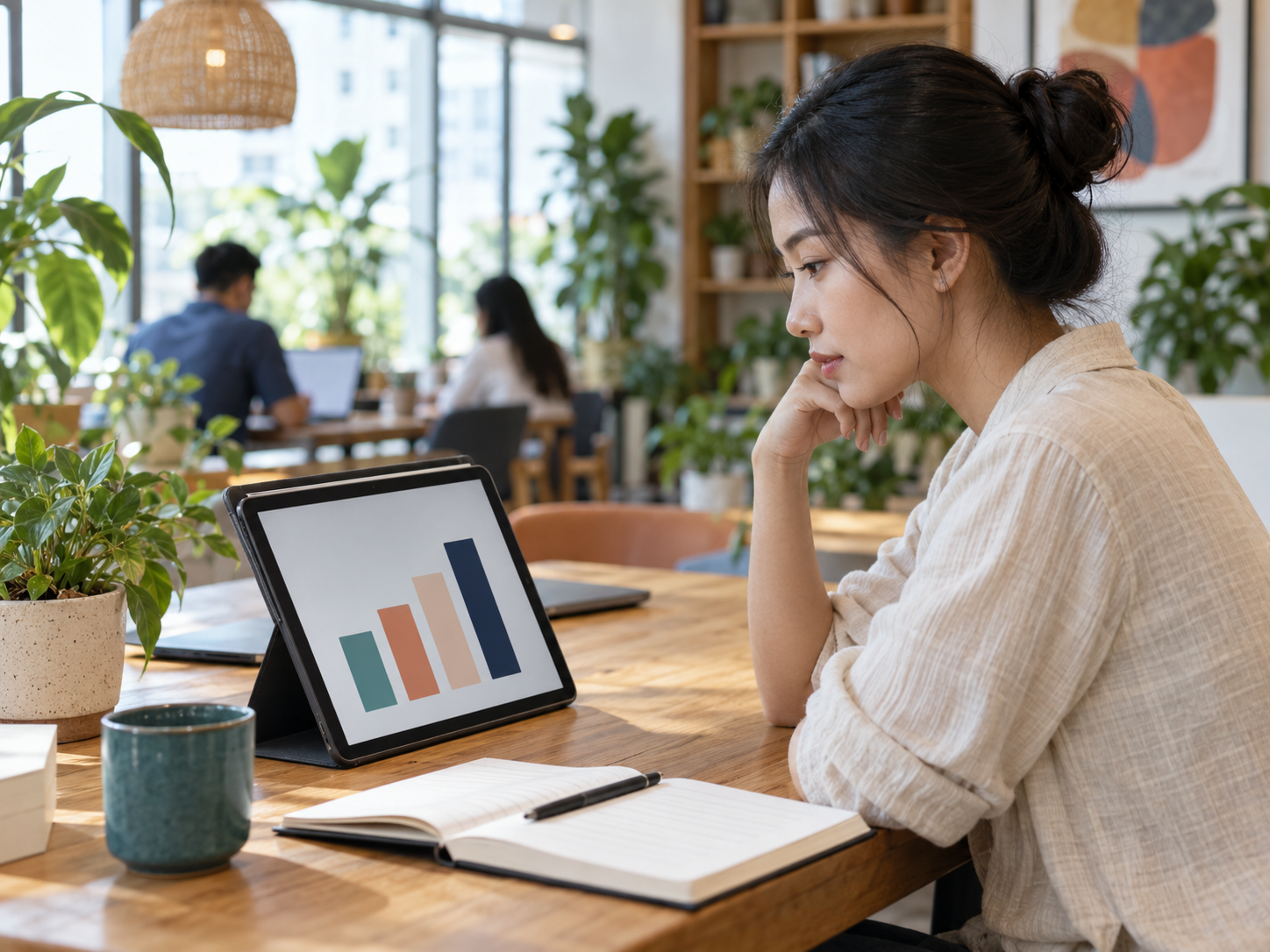 Người phụ nữ Việt Nam xem biểu đồ màu trừu tượng trên máy tính bảng