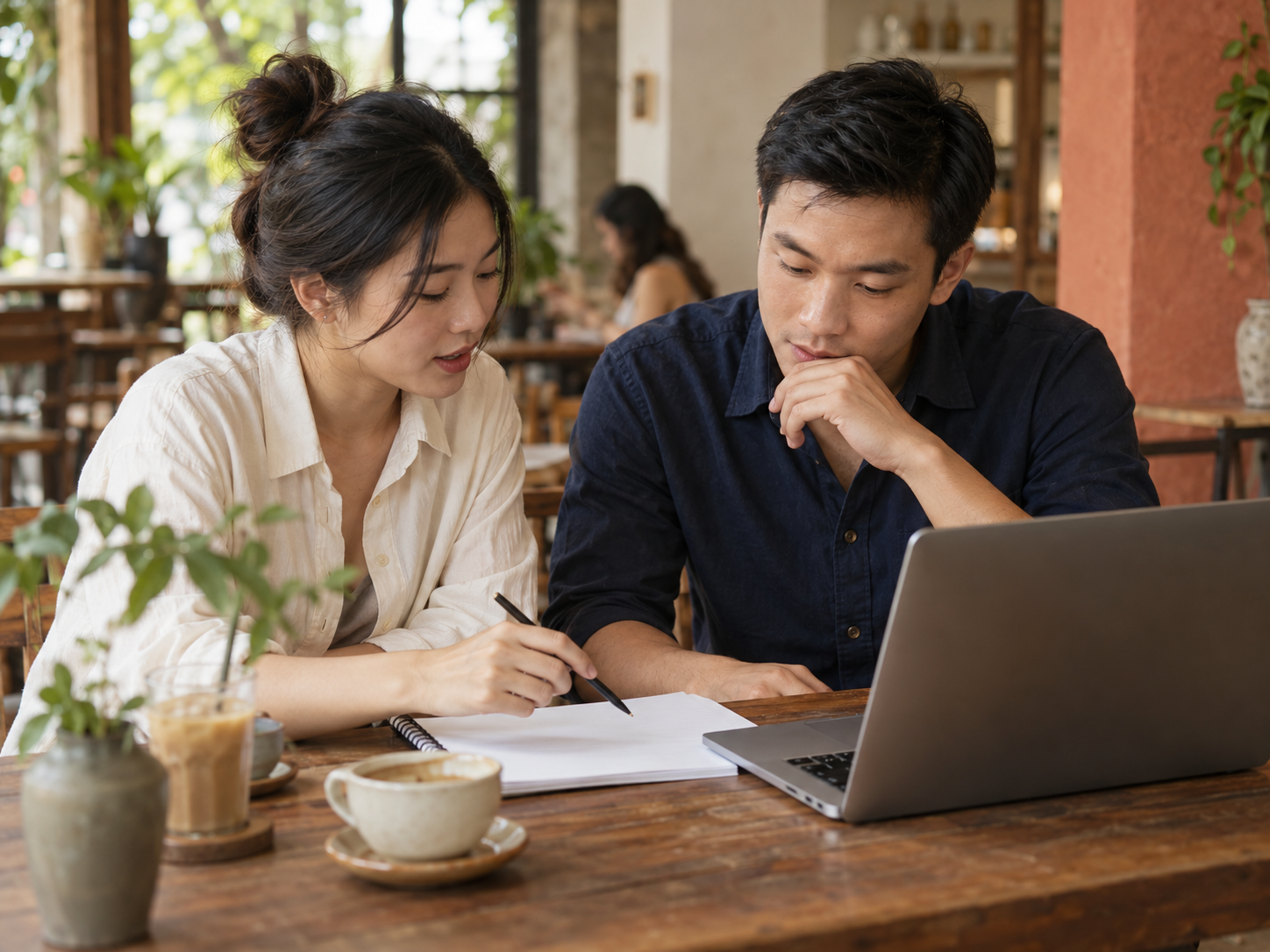 Hai cộng tác viên Việt Nam cùng xem tài liệu trống tại quán cà phê