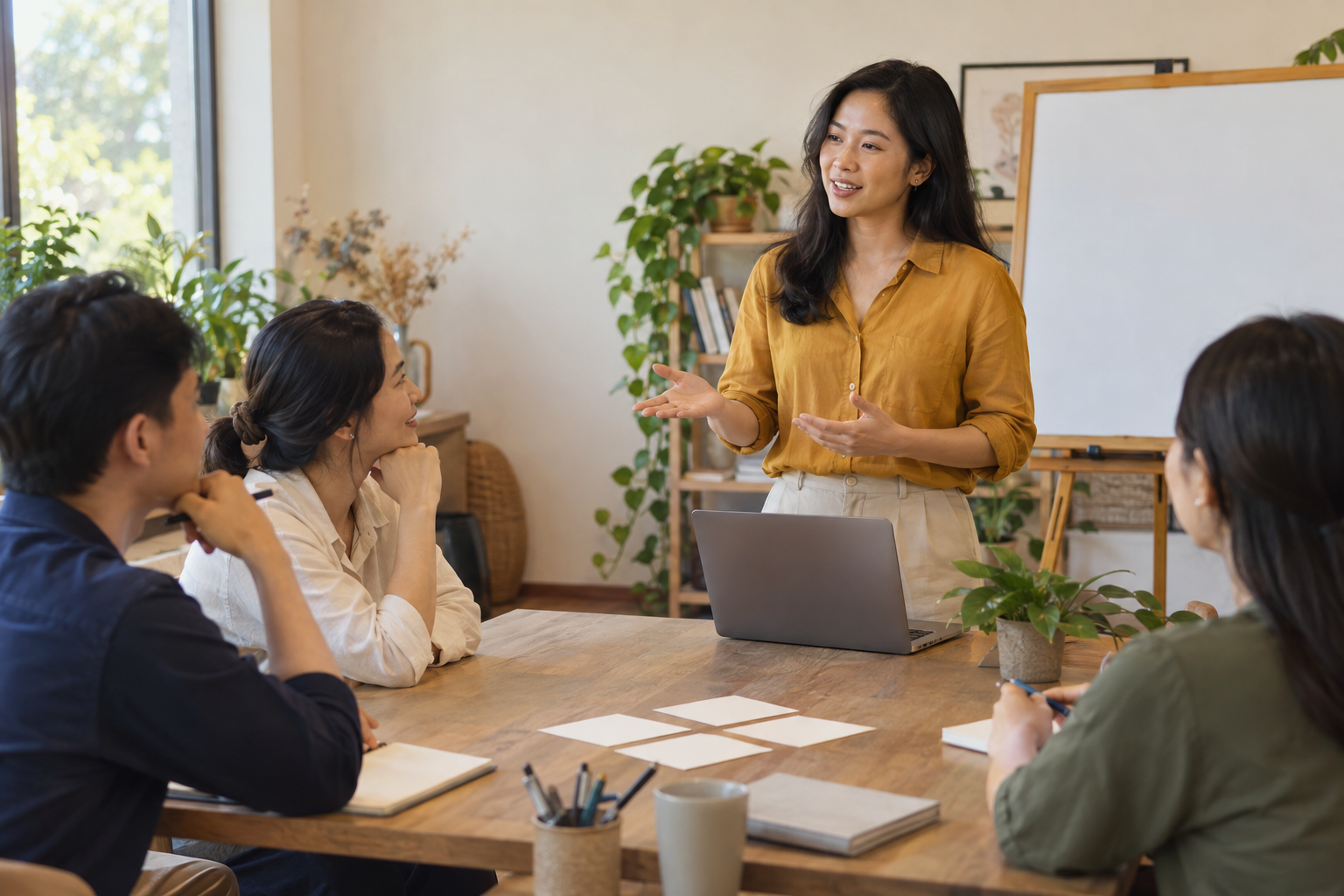 Nhóm Việt Nam trao đổi trong không gian nhiều cây xanh