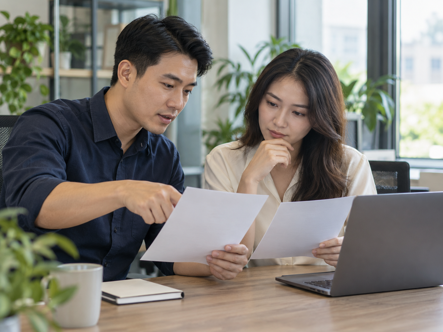 Hai đồng nghiệp Việt Nam cùng kiểm tra tài liệu trống