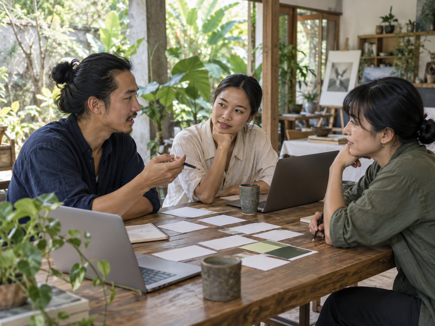 Ba người Việt thảo luận quanh bàn với thẻ trống