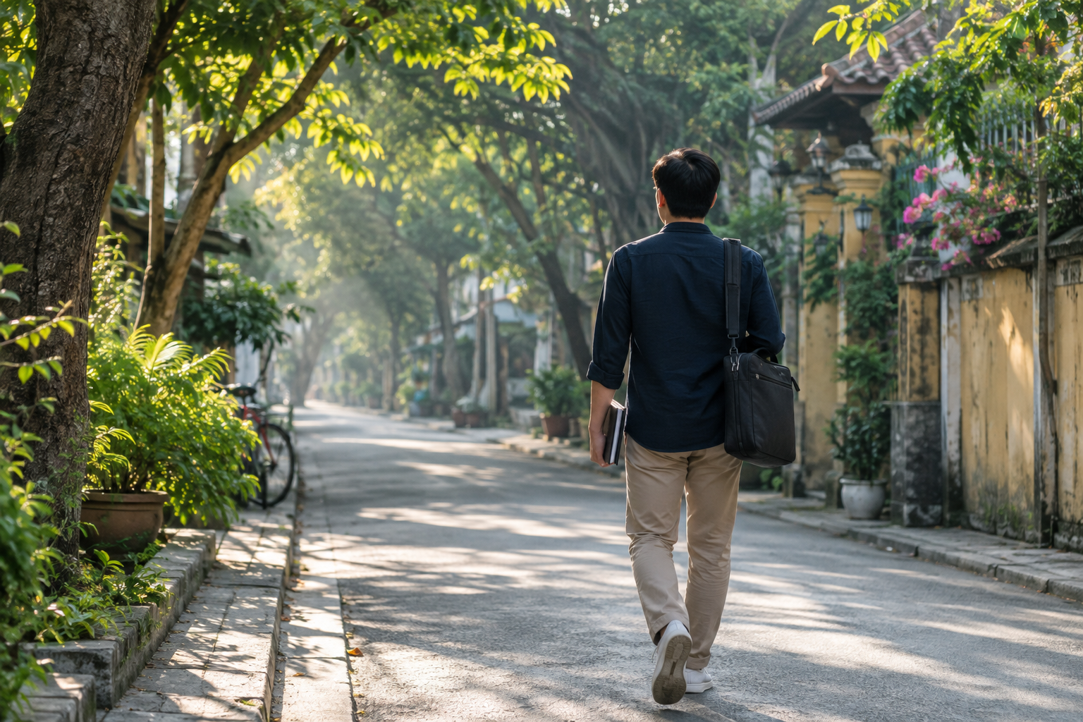 Người Việt đi bộ trên con phố nhiều cây xanh